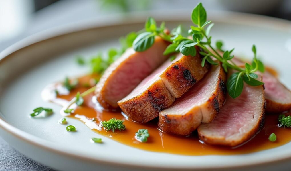 découvrez notre recette d'aiguillettes de canard nappées d'une sauce foie gras onctueuse, pour une explosion de saveurs en bouche qui ravira vos papilles.
