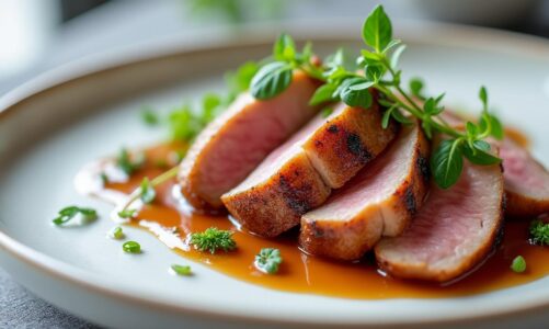 découvrez notre recette d'aiguillettes de canard nappées d'une sauce foie gras onctueuse, pour une explosion de saveurs en bouche qui ravira vos papilles.