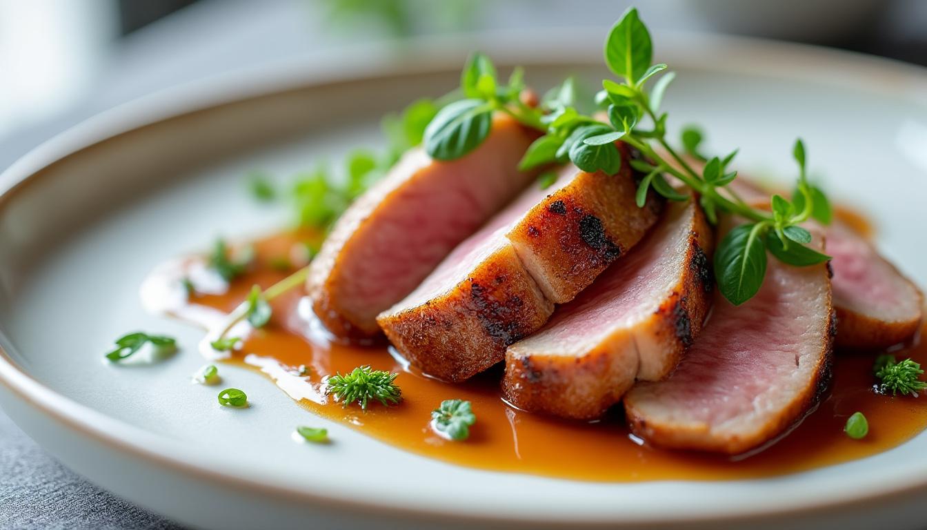 découvrez notre recette d'aiguillettes de canard nappées d'une sauce foie gras onctueuse, pour une explosion de saveurs en bouche qui ravira vos papilles.