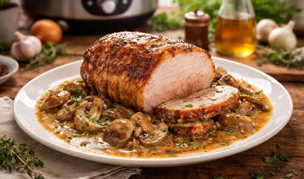 découvrez la recette facile et rapide du rôti de porc au cookeo, accompagné d'un fond de veau aux champignons, pour un dîner savoureux et convivial.