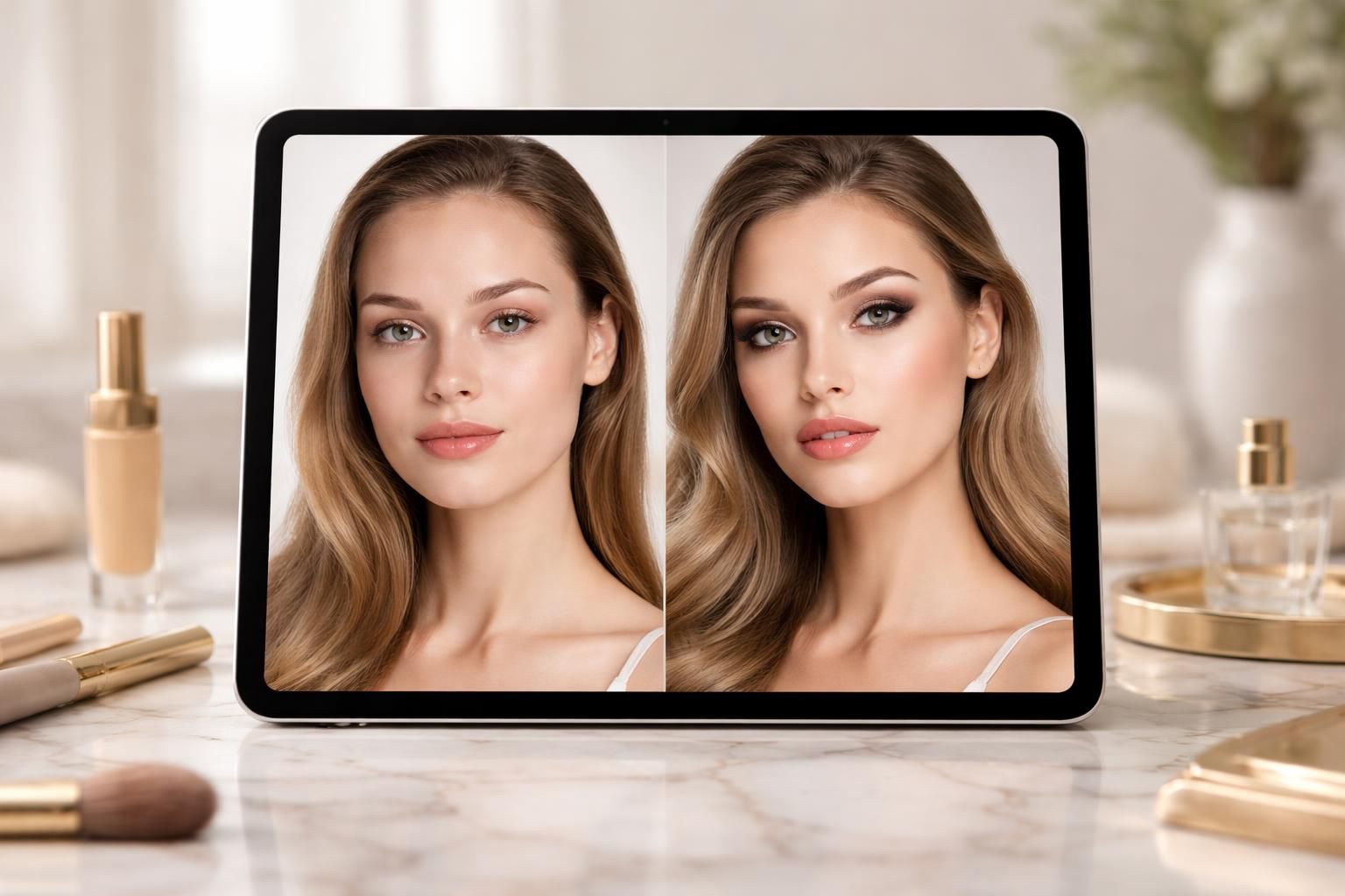 découvrez un book maquillage avant/après professionnel accessible dès l'accueil sur ipad, idéal pour présenter vos transformations avec style et efficacité.