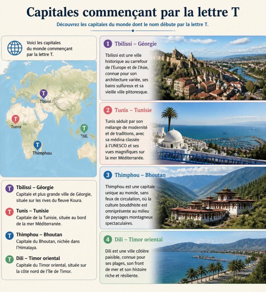 découvrez la liste complète des capitales dont le nom commence par la lettre t. explorez des destinations fascinantes et enrichissez vos connaissances géographiques.