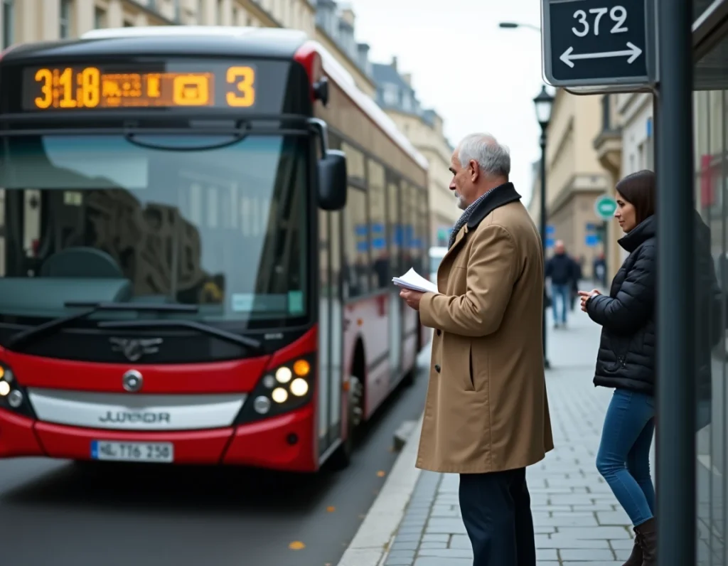 Bus de la ligne 378 arrivant à l'arrêt avec des passagers attendant selon l'horaire