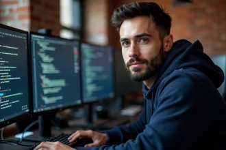 Développeur web analysant des redirections HTTP 301 sur plusieurs écrans dans un bureau moderne