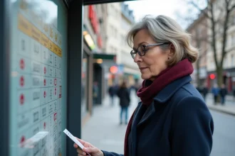 Femme consultant l'horaire de la ligne de bus 378 affiché à l'arrêt de bus en ville
