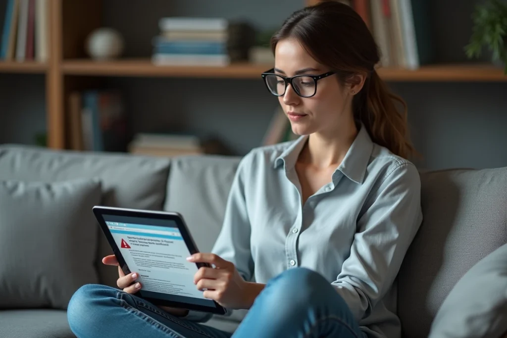 Femme consultant une erreur de redirection sur tablette dans un bureau à domicile avec bibliothèque technique