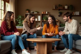 Groupe de jeunes adultes jouant au jeu du palmier sans alcool autour d'une table basse dans un salon cosy