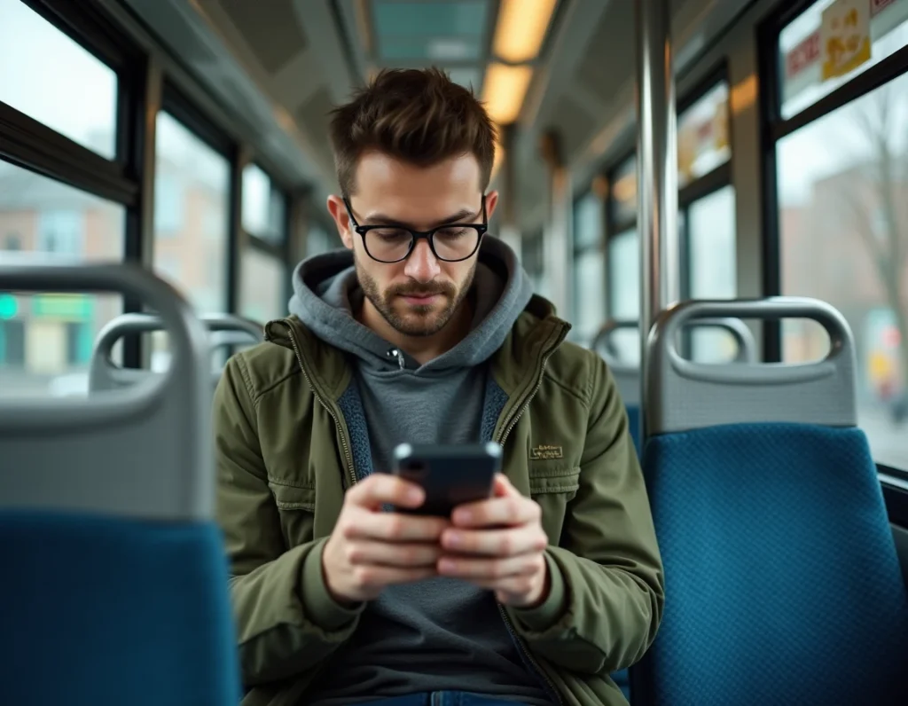 Passager consultant les horaires de la ligne 378 sur smartphone à bord du bus