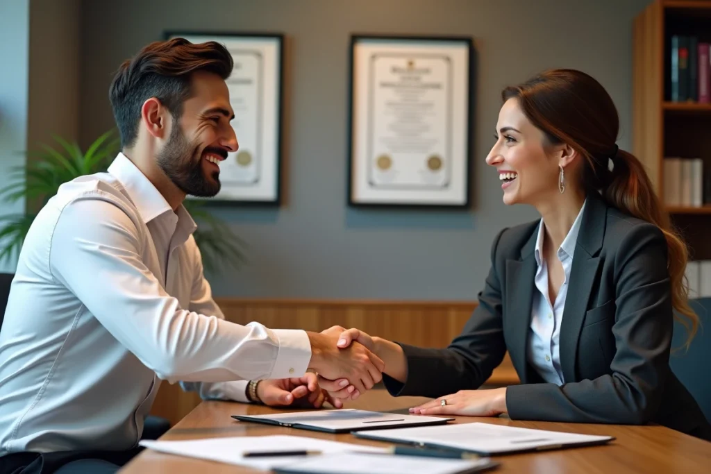 Poignée de main entre deux professionnels lors d'un transfert de certification entre organismes en bureau exécutif