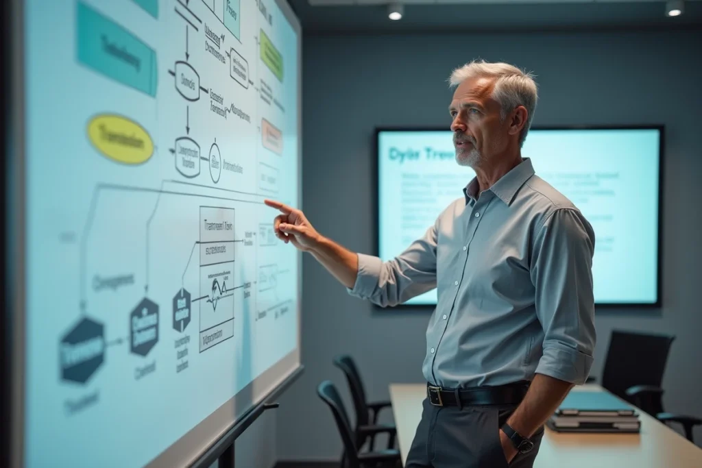 Responsable qualité présentant un plan de transition de certification au tableau blanc dans une salle de formation d'entreprise