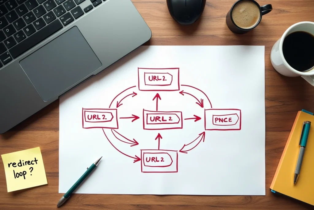 Diagramme imprimé d'architecture de site web avec annotations de redirections en chaîne sur un bureau en bois