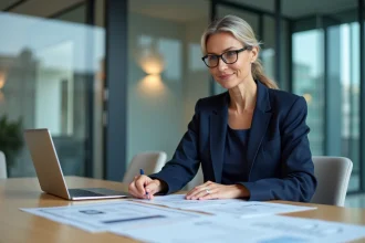 Professionnelle en blazer navy examinant des documents de certification sur une table de réunion en entreprise