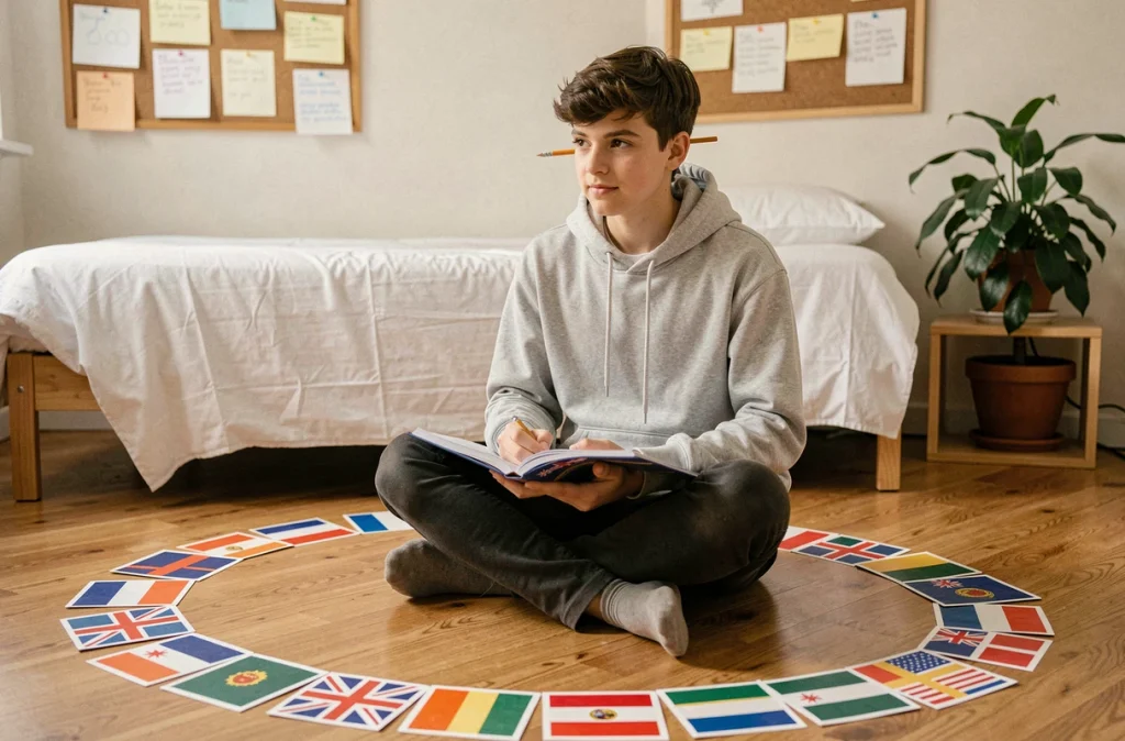 Adolescent révisant les noms des drapeaux anglais avec des autocollants et un cahier d'exercices