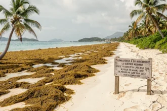 Plage de Guadeloupe envahie par les algues sargasses avec un panneau d'information touristique en bord de mer