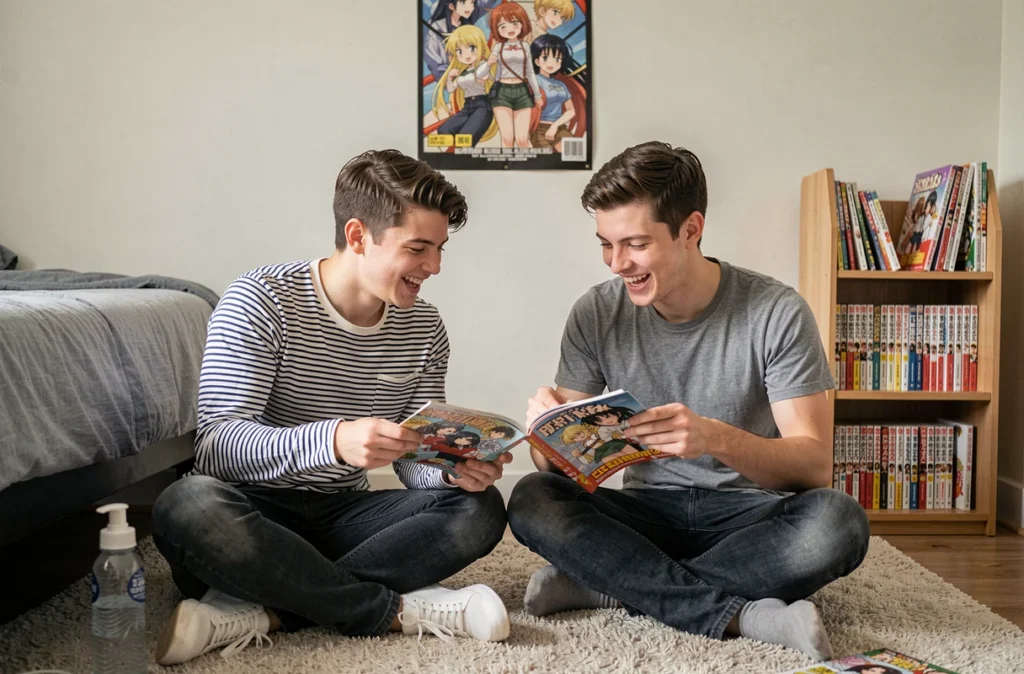 Deux amis partageant leur passion pour le manga Just Friend dans une chambre, évoquant la communauté manga francophone et la lecture entre amis