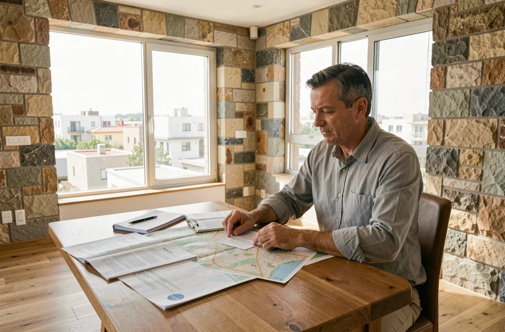 Propriétaire bailleur analysant des contrats de location dans un appartement rénové en ville moyenne