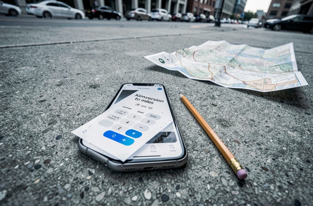 Smartphone affichant une application de conversion kilomètres en miles posé sur du béton avec une carte routière