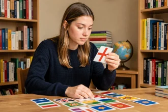 Jeune femme étudiant les noms des drapeaux anglais avec des fiches illustrées sur un bureau en bois