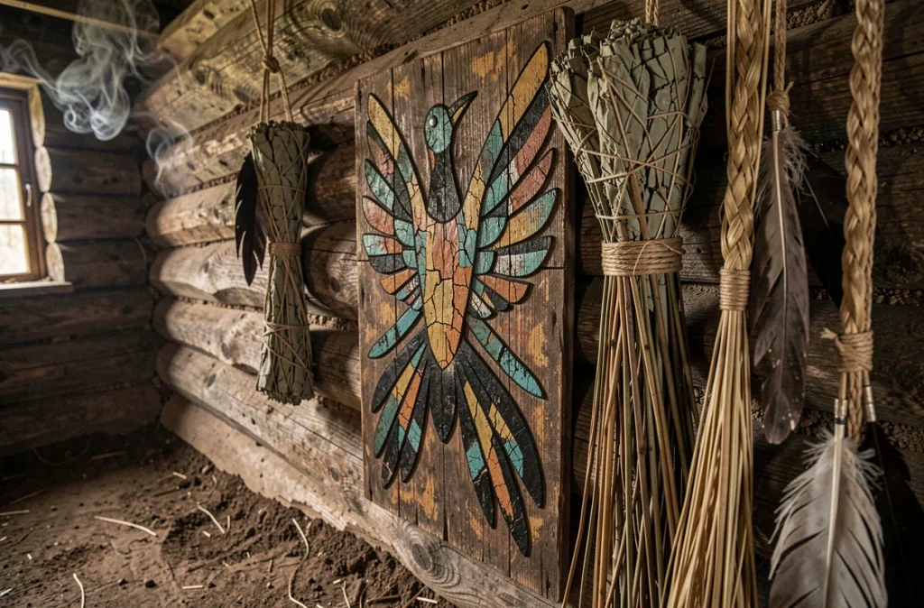 Artefact cérémoniel amérindien représentant un colibri stylisé en pigments ocre et turquoise, accroché dans une maison longue traditionnelle avec des fagots de sauge séchée