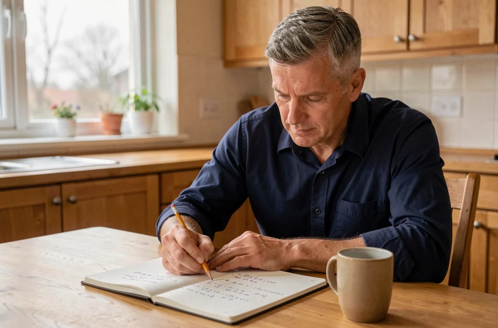 Homme calculant une conversion kilomètres en miles sur un carnet de notes dans une cuisine