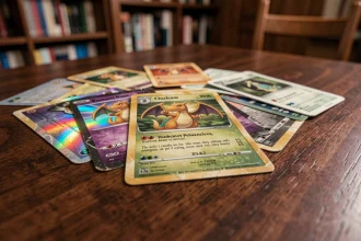 Cartes rares Dracaufeu Pokémon étalées sur une table en bois avec reflets holographiques et détails de collection vintage