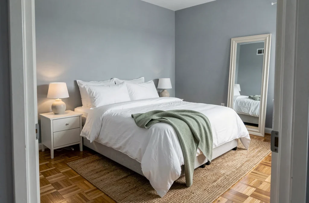 Chambre à coucher réaménagée et stylisée grâce au home staging pour attirer les acheteurs immobiliers