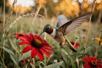 Colibri aux plumes irisées en vol stationnaire près d'une fleur sauvage rouge dans un pré naturel, symbolisant la spiritualité amérindienne