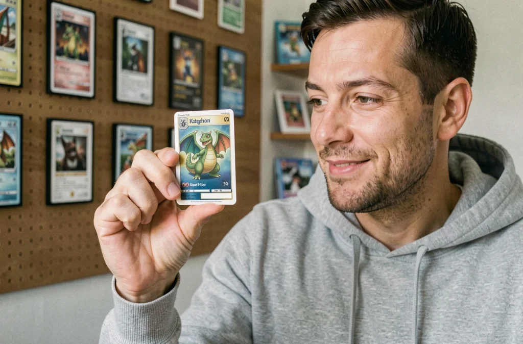 Collectionneur adulte examinant une carte Dracaufeu rare dans son bureau de collection Pokémon