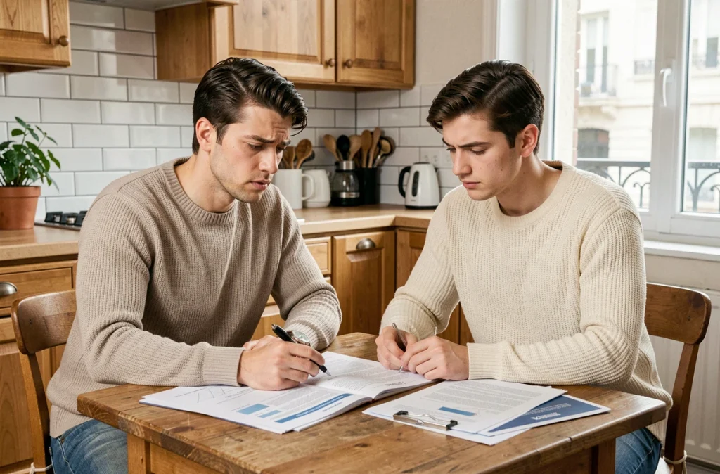 Couple étudiant un dossier de diagnostic immobilier avant la signature d'un compromis de vente