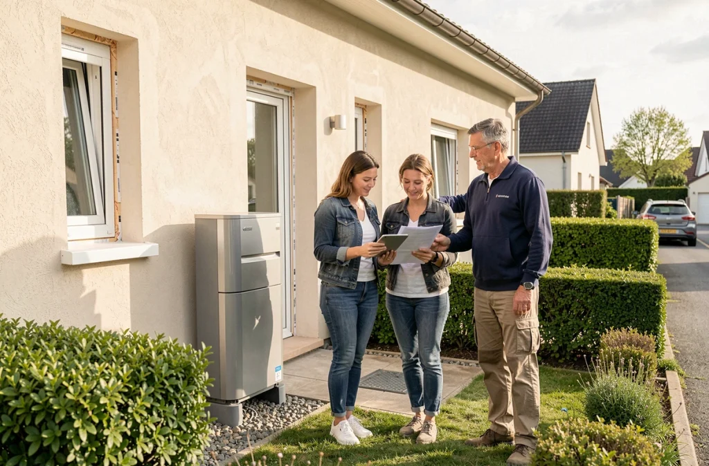 Couple de propriétaires français et entrepreneur discutant des résultats d'une rénovation énergétique avec pompe à chaleur devant leur maison