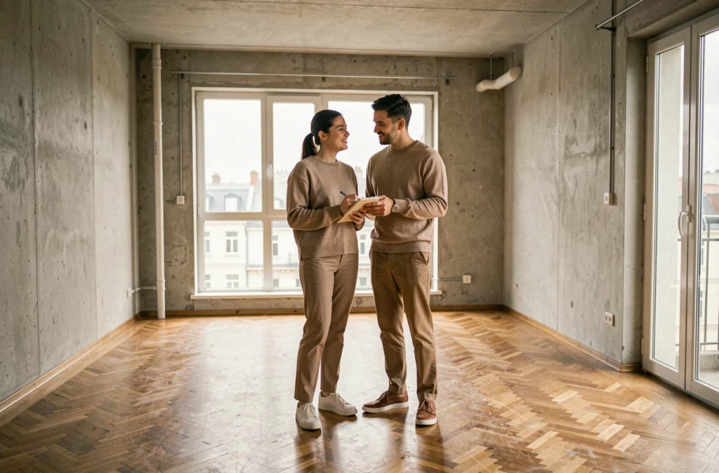 Couple visitant un appartement vide lors d'une visite immobilière pour leur premier achat