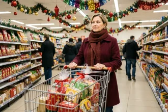 Femme faisant ses courses de Noël dans un supermarché ouvert le dimanche 22 décembre, avec un caddie rempli de cadeaux emballés et de produits festifs