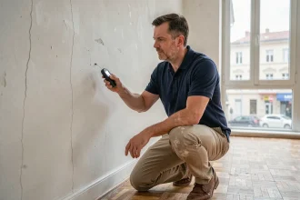 Diagnostiqueur immobilier professionnel examinant une paroi avec un hygromètre lors d'un diagnostic avant compromis de vente