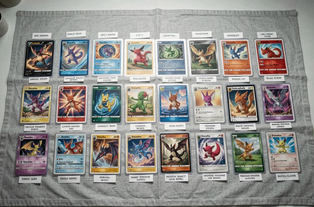 Disposition à plat de plusieurs éditions de cartes Dracaufeu rares classées et étiquetées pour une collection Pokémon