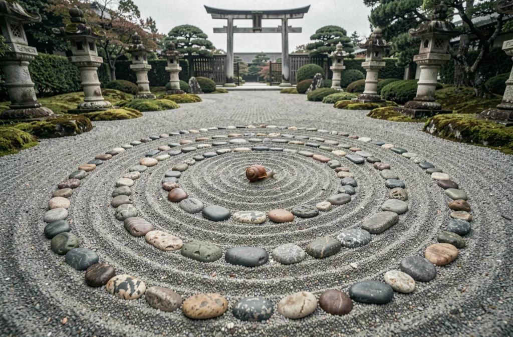 Escargot au centre d'un jardin zen en spirale, symbolisant la transformation spirituelle et la guérison intérieure