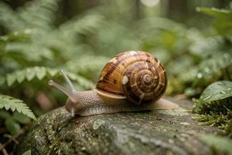 Escargot de jardin sur une pierre moussue en forêt, symbole de guérison intérieure et de spiritualité