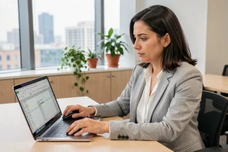 Femme professionnelle utilisant Excel avec une calculatrice de dates dans un bureau moderne