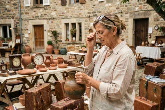 Femme chinant une cruche en céramique ancienne sur un marché aux puces cantalien en plein air