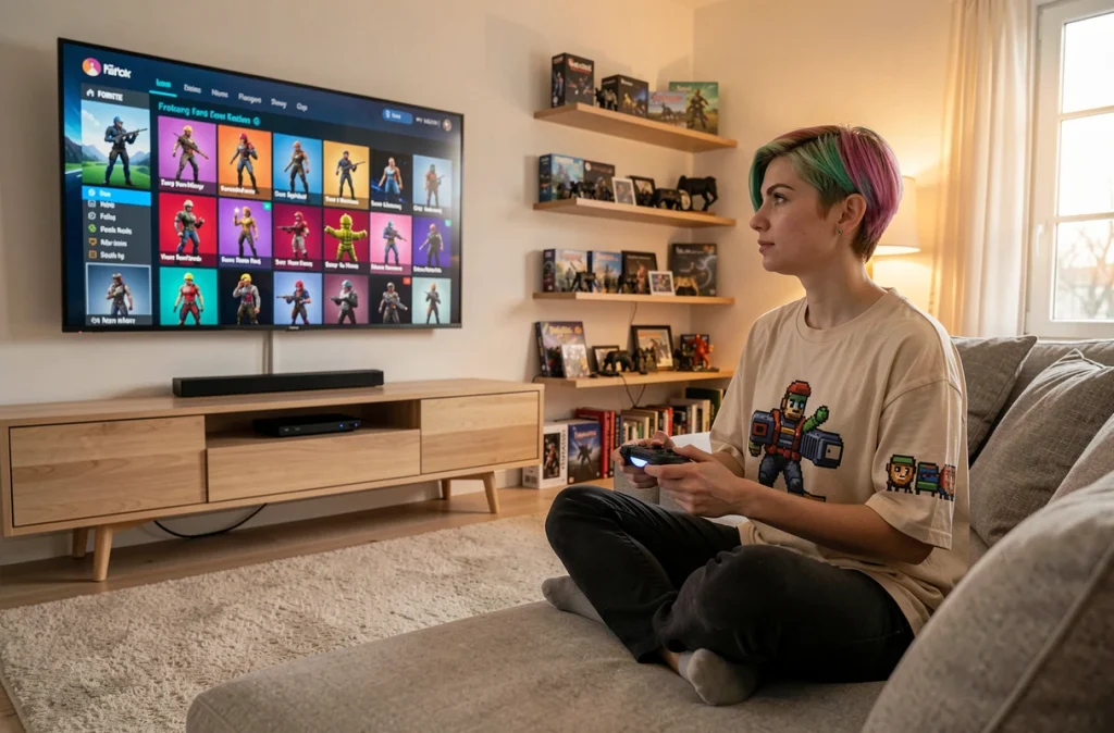 Jeune femme jouant à Fortnite sur console, écran affichant une galerie de skins en arrière-plan