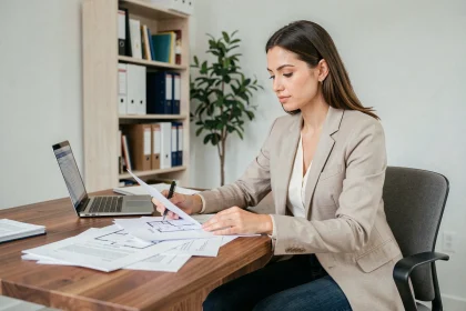 Femme consultant des documents immobiliers dans un bureau d'agence pour l'achat de son premier appartement