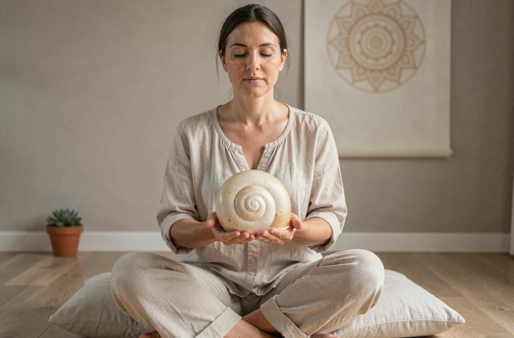 Femme en méditation tenant un coquillage d'escargot, représentant la guérison spirituelle et l'introspection