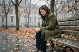 Femme mélancolique assise seule sur un banc de parc en automne, illustrant la tristesse et la résilience