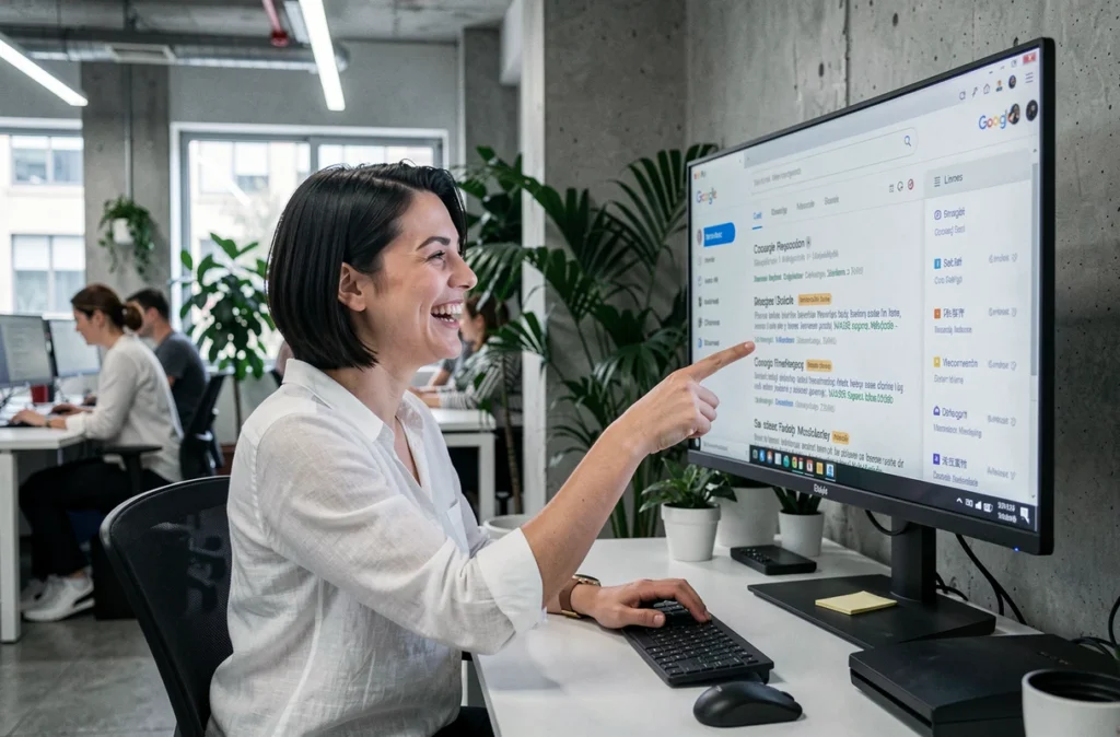Femme en open space riant devant un écran montrant l'astuce secrète Google Barrel Roll sans commande clavier