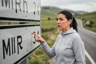 Femme pointant un panneau routier affichant des kilomètres et des miles en milieu rural