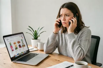 Femme au téléphone avec le service client AliExpress depuis son bureau à domicile