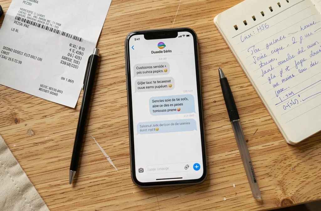 Vue de dessus d'un smartphone affichant le chat du service client AliExpress avec un reçu de livraison