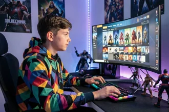 Jeune gamer devant un écran affichant une interface de sélection de skins Fortnite colorés