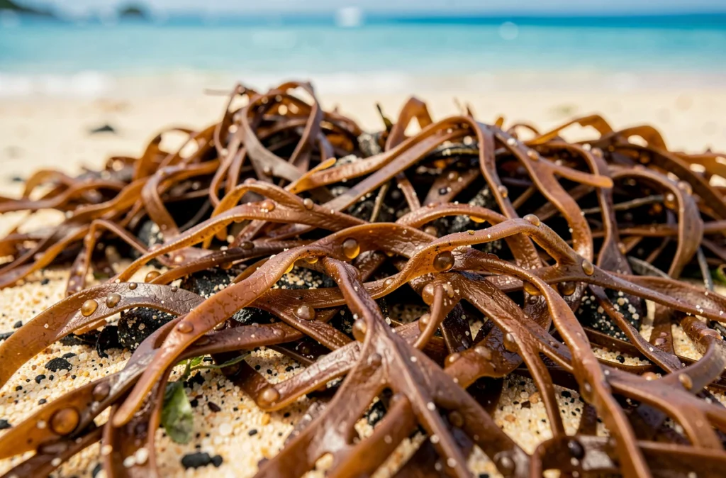Gros plan sur les algues sargasses échouées sur une plage de Guadeloupe avec détail de texture naturelle