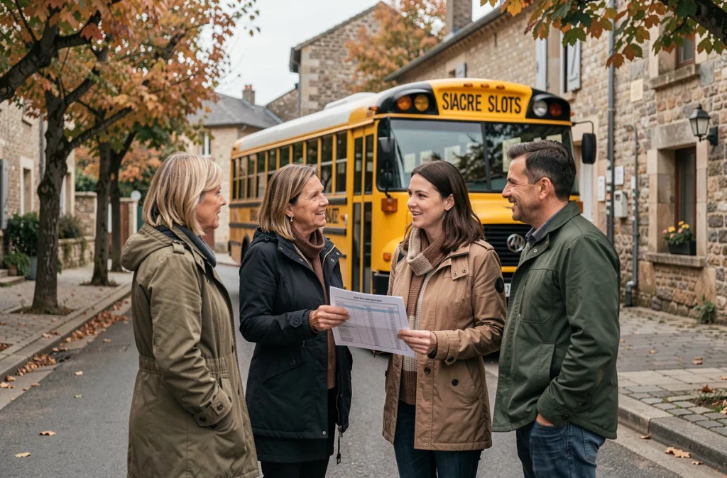 Groupe de parents d'élèves discutant des horaires du bus scolaire devant un bus jaune en ville