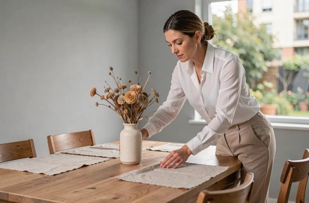 Professionnelle du home staging arrangeant une table de salle à manger pour valoriser un bien avant la vente